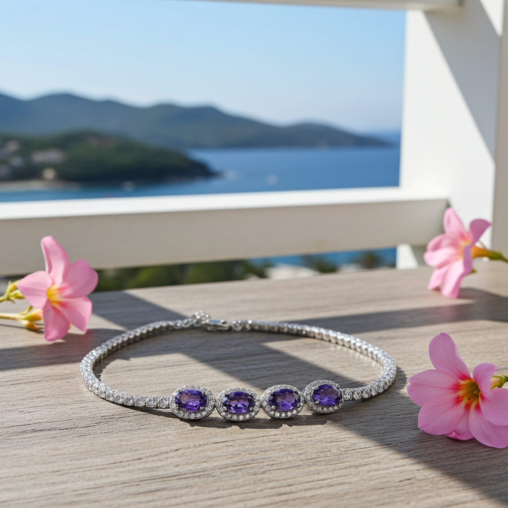 Natural Amethyst and Cubic Zirconia Tennis Bracelet 4x6mm