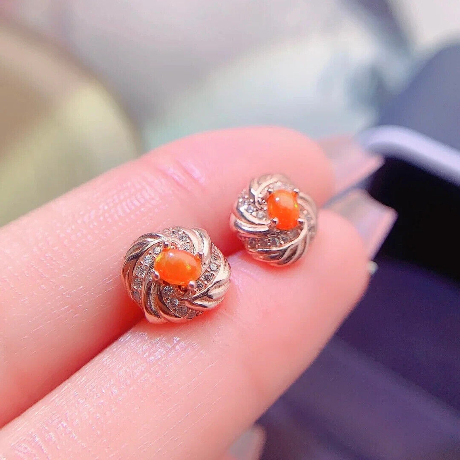 Natural Orange Fire Opal Stud Earrings 3x4mm Sterling Silver, Orange Opal