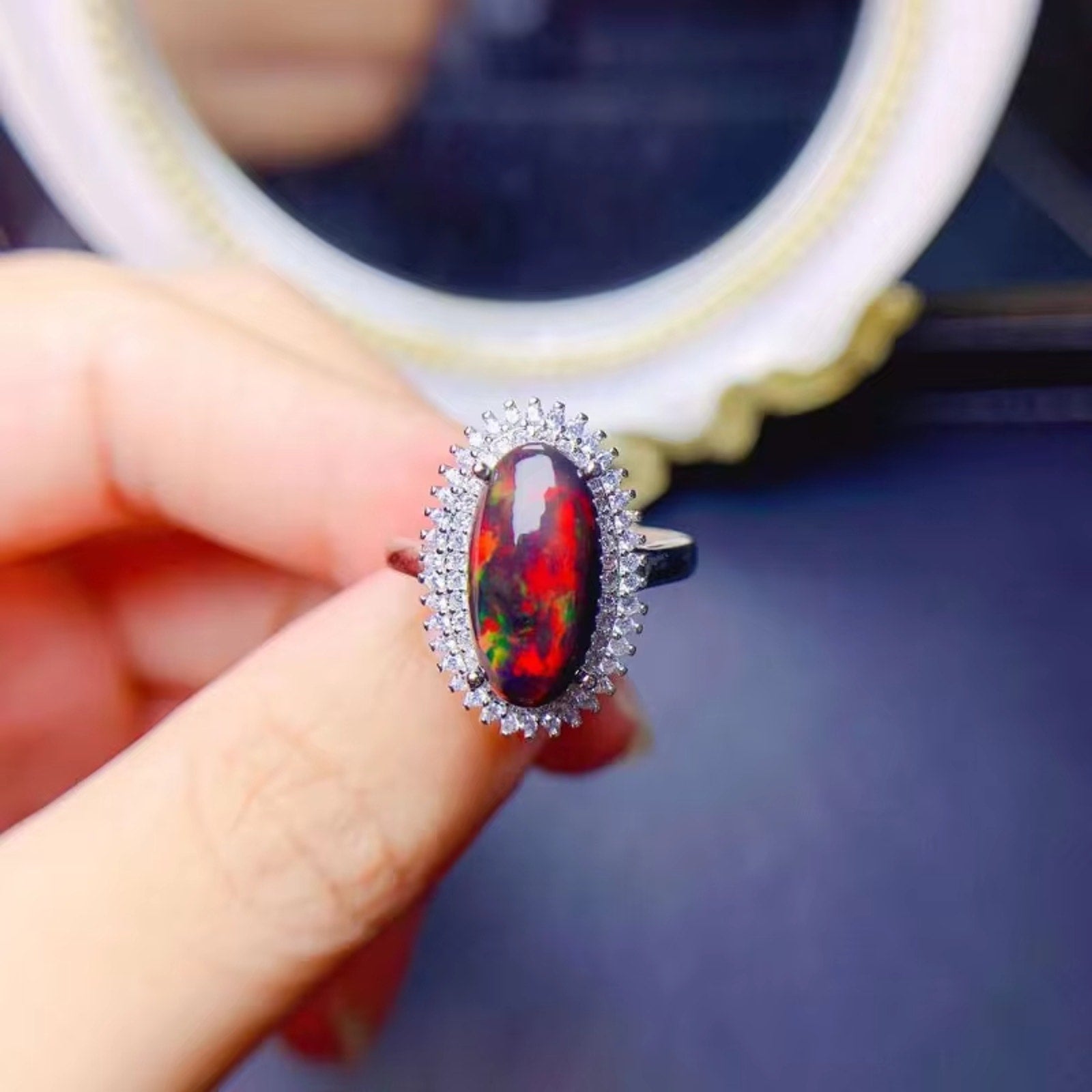 Colorful Fire Opal Statement Ring, Black Fire Opal Ring 7x14mm Sterling Silver