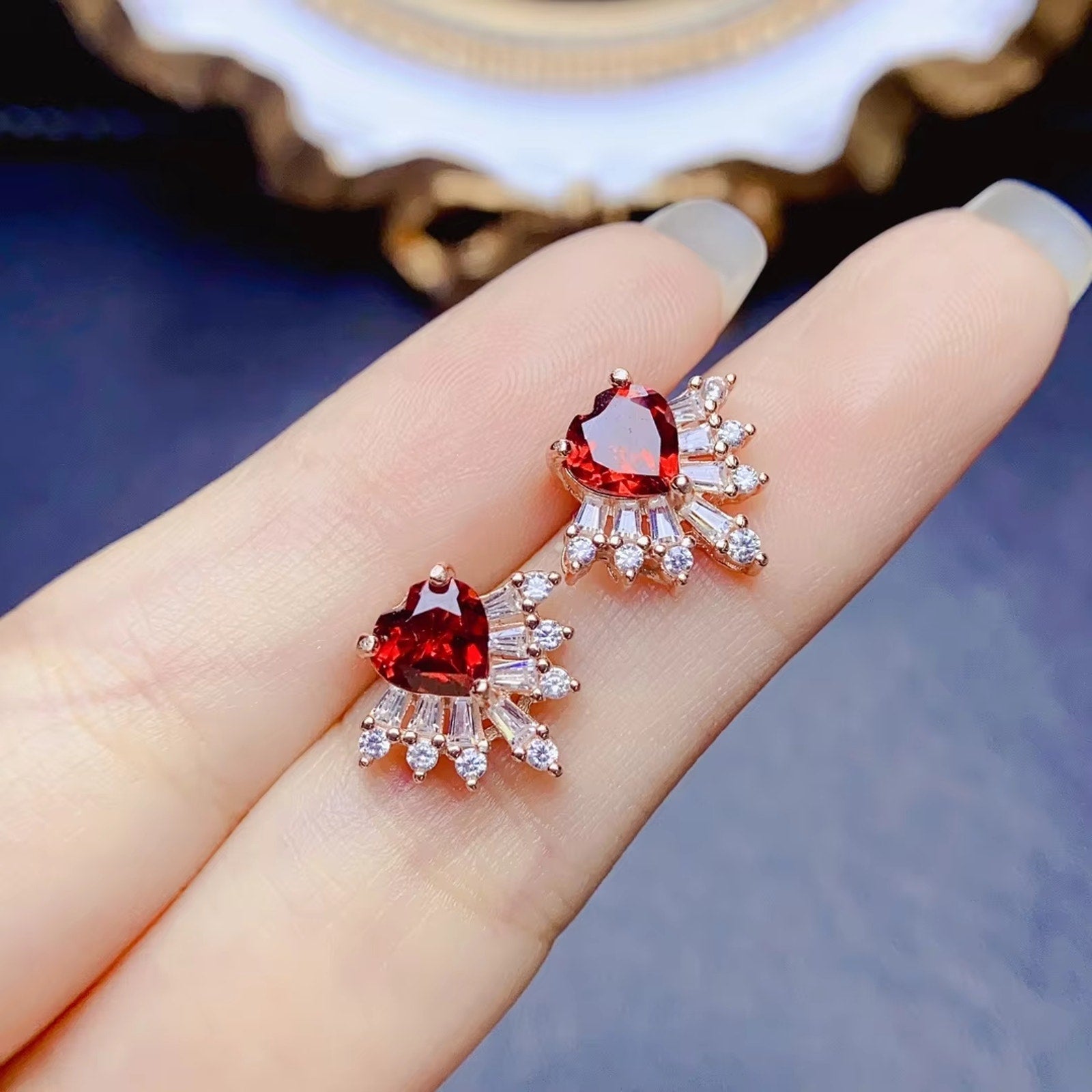 Red Garnet Heart Earrings, Garnet Earrings 925 Sterling Silver, Heart Earrings