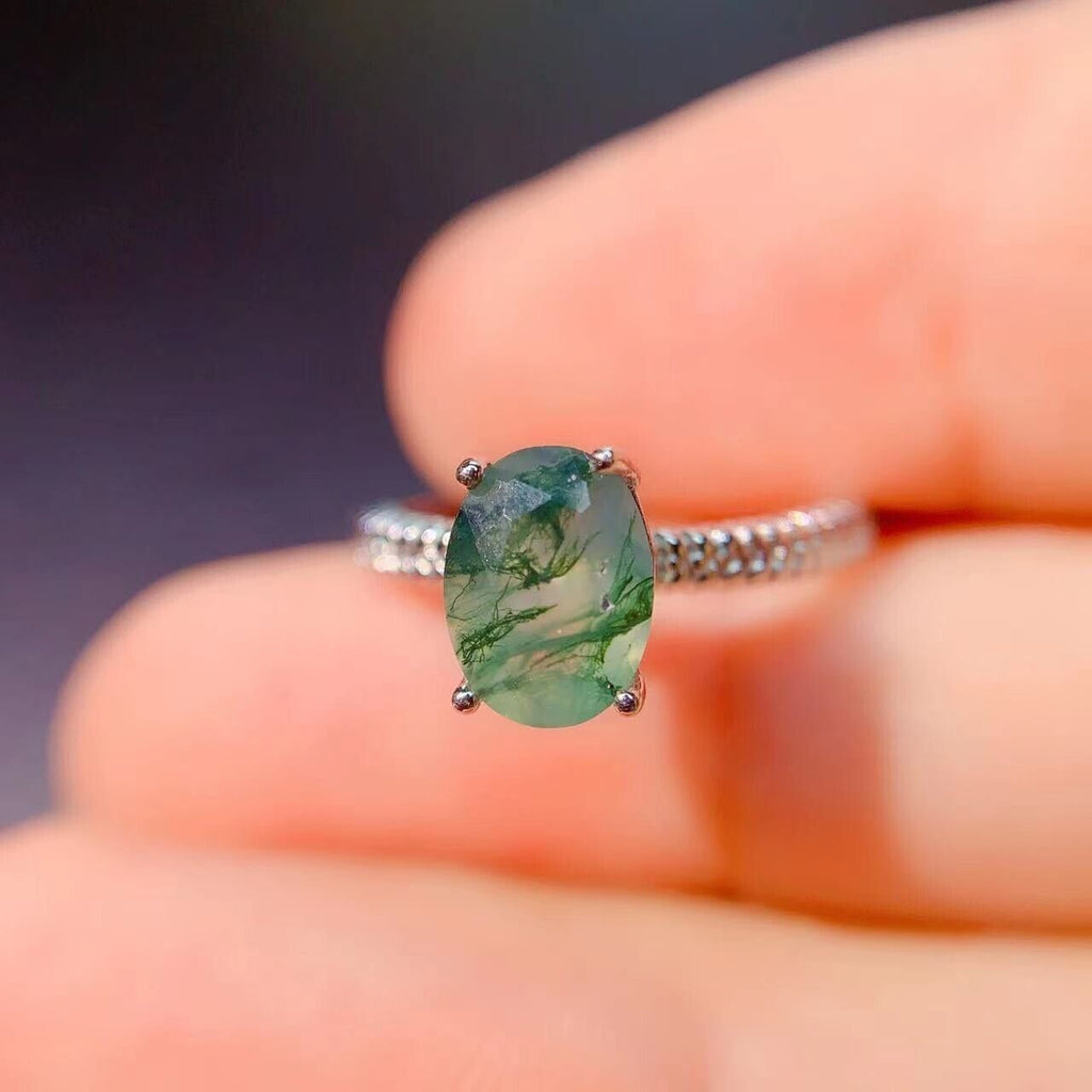 Moss Agate Cocktail Ring 6x8mm 925 Sterling Silver