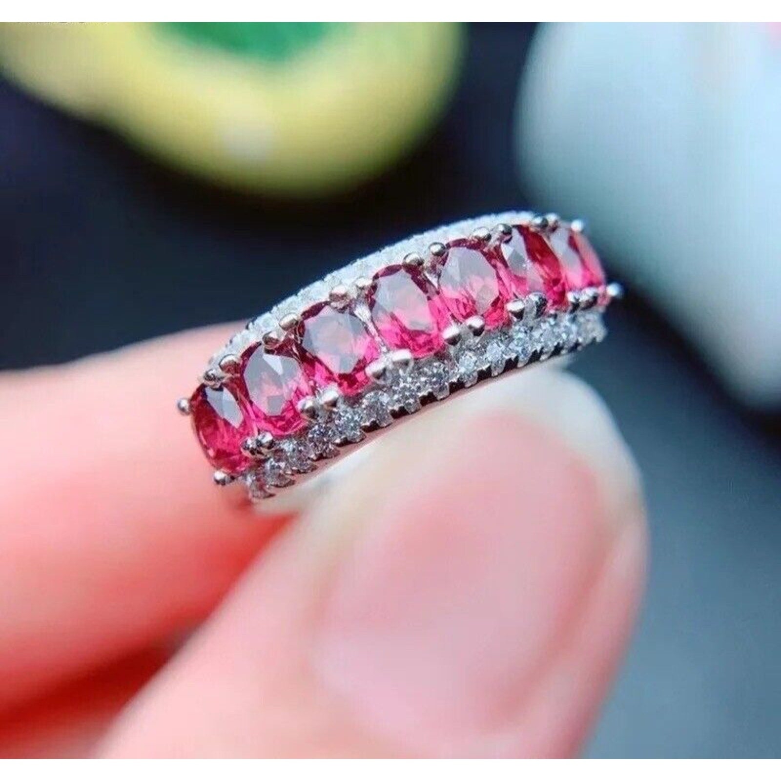 Bright Pink Topaz Band Ring 925 Sterling Silver 3x4mm