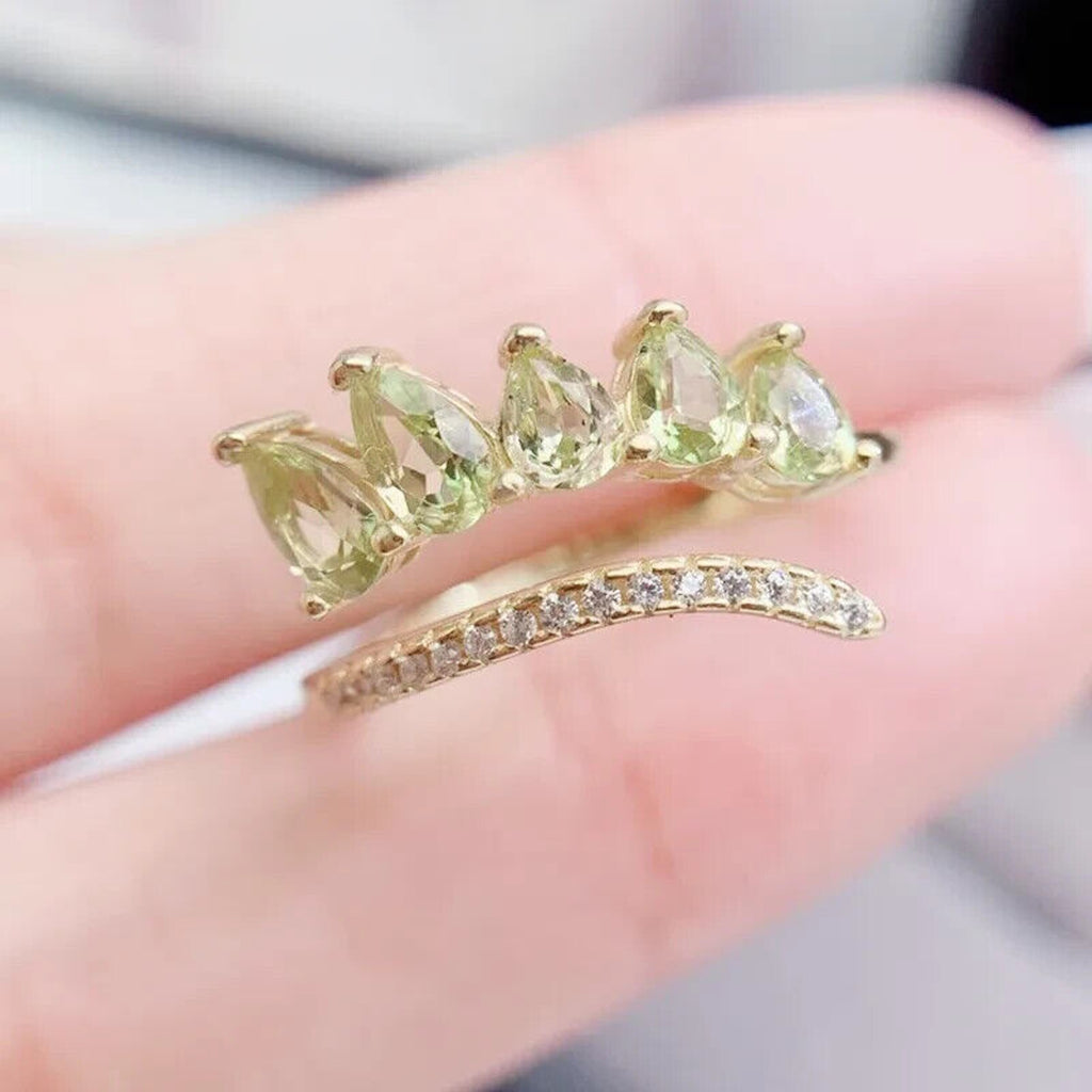 Natural Peridot Gemstone Pear Cut Band Ring, August Birthstone Peridot Ring