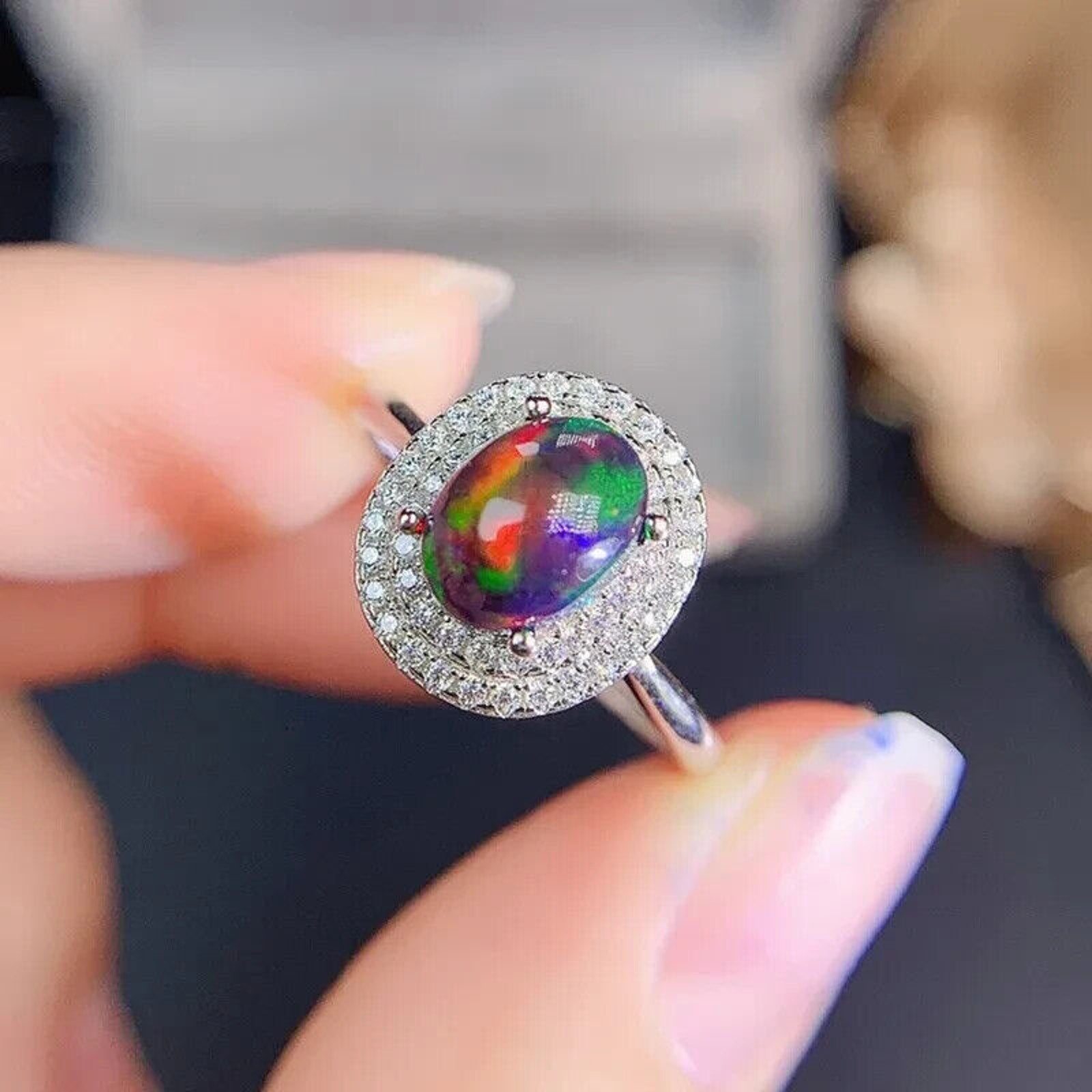 Colorful Black Fire Opal Statement Ring 6x8mm , Natural Fire Opal Ring