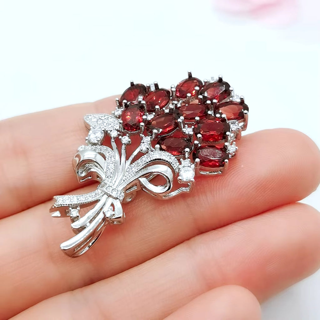 Natural Garnet Flower Bouquet Brooch Pin, Garnet Gemstone Brooch