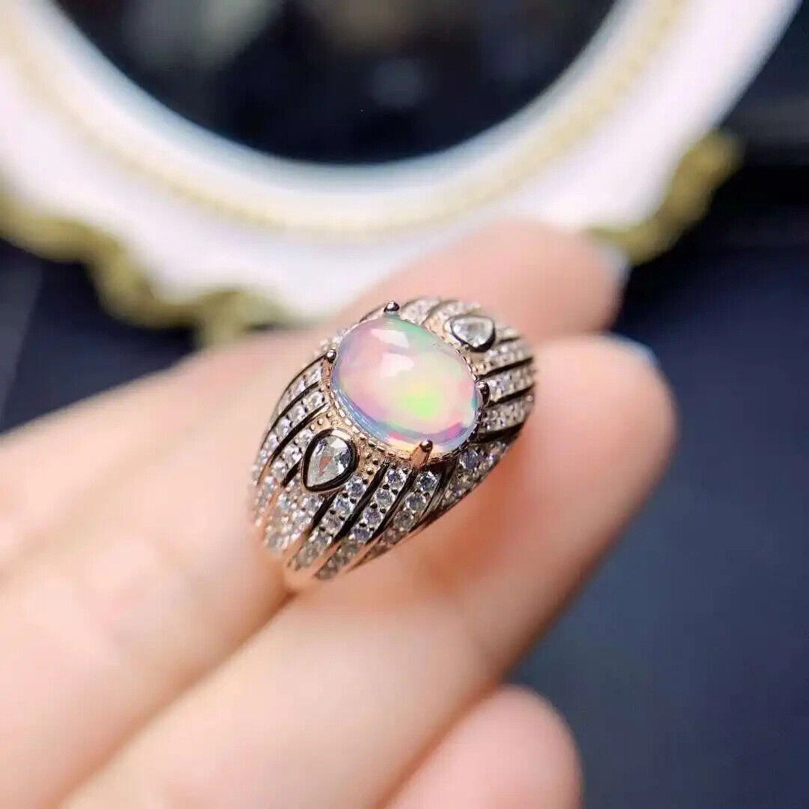 Natural White Opal Cocktail Ring, Women's Wide Band Opal Ring Sterling Silver