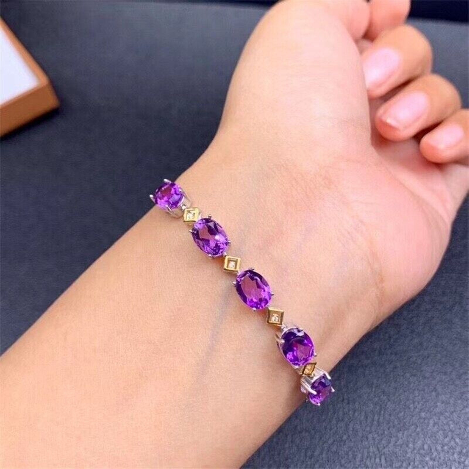 Amethyst Tennis Bracelet, Large 6mm x 8mm Natural Purple Amethyst Bracelet