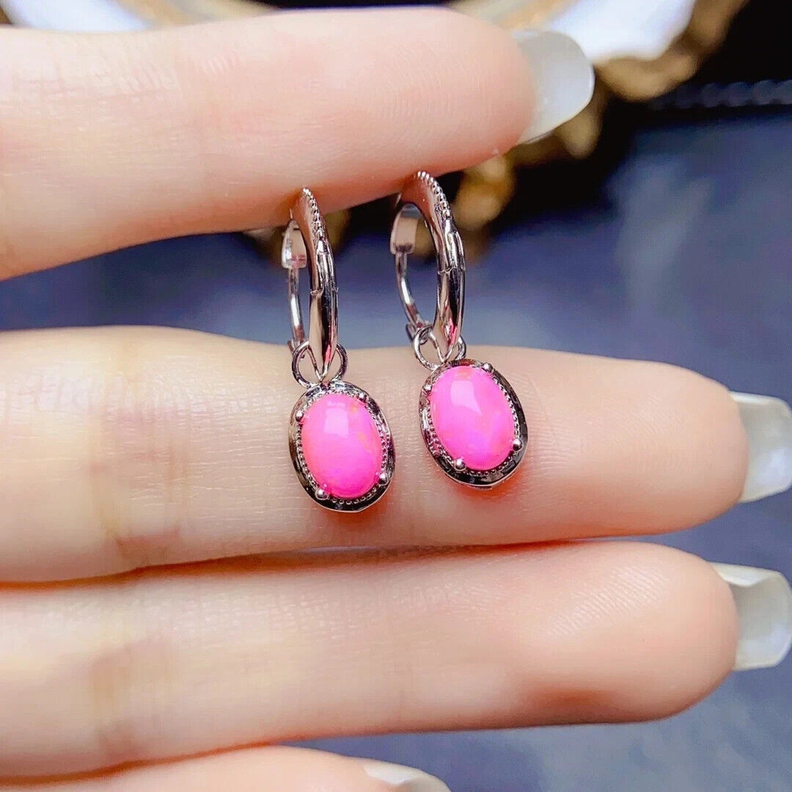 Pink Fire Opal Dangle Earrings 5x7mm, Natural Pink Opal Earrings Sterling Silver