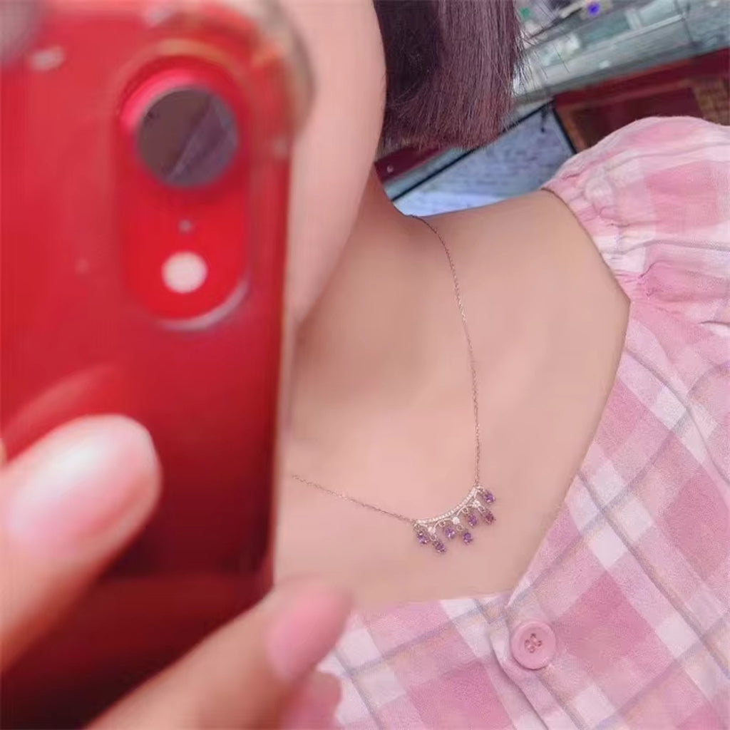 Tanzanite Necklace, Dainty Purple Tanzanite Charm Necklace Sterling Silver 3x4mm