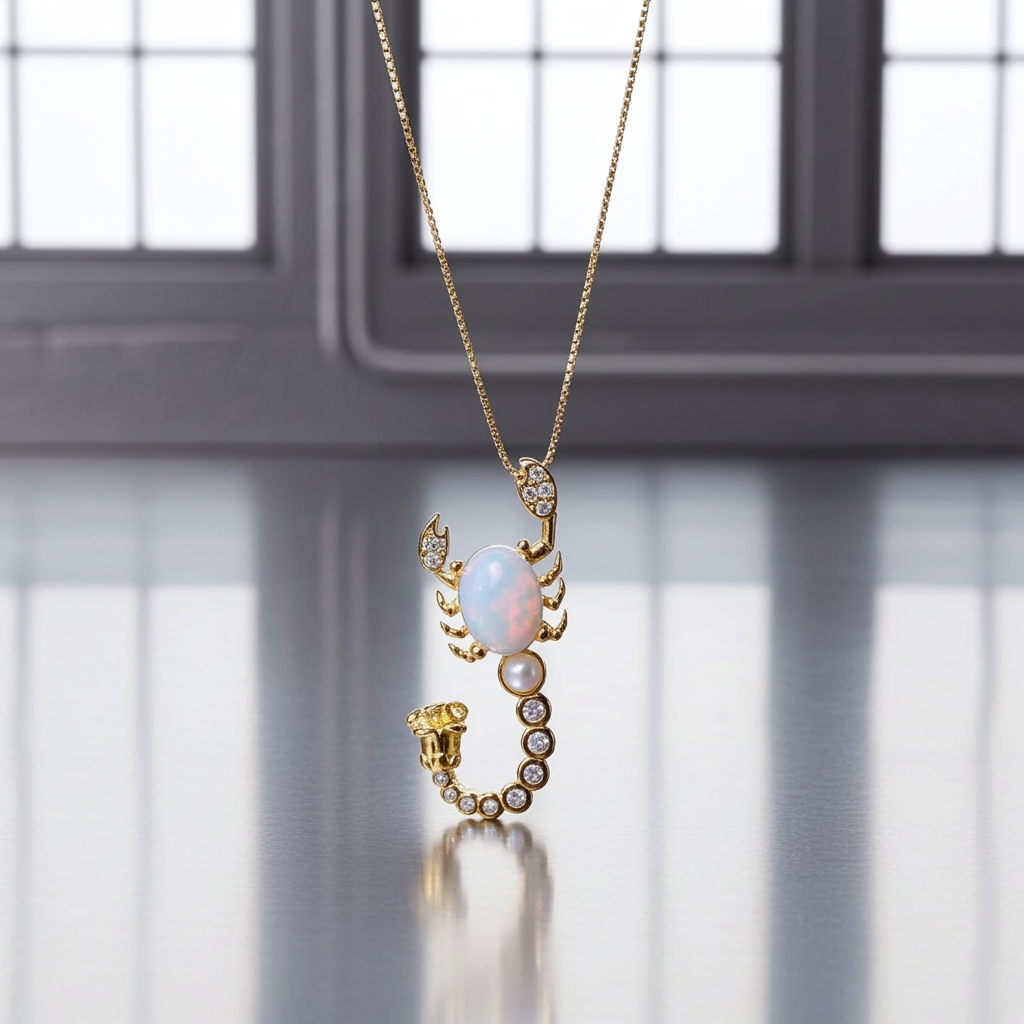 Natural White Fire Opal Scorpion Necklace 925 Sterling Silver