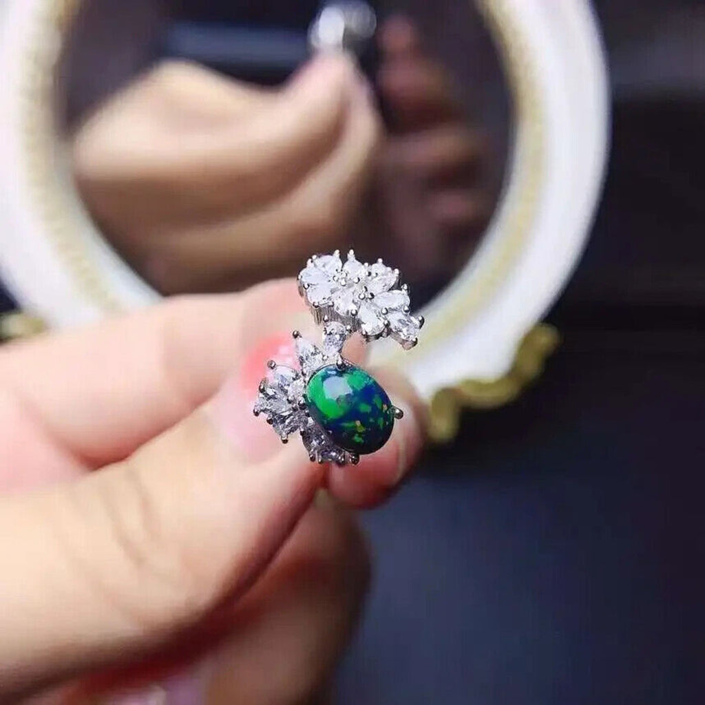 Black Fire Opal and Crystal Cocktail Ring, Natural Fire Opal Cluster Ring