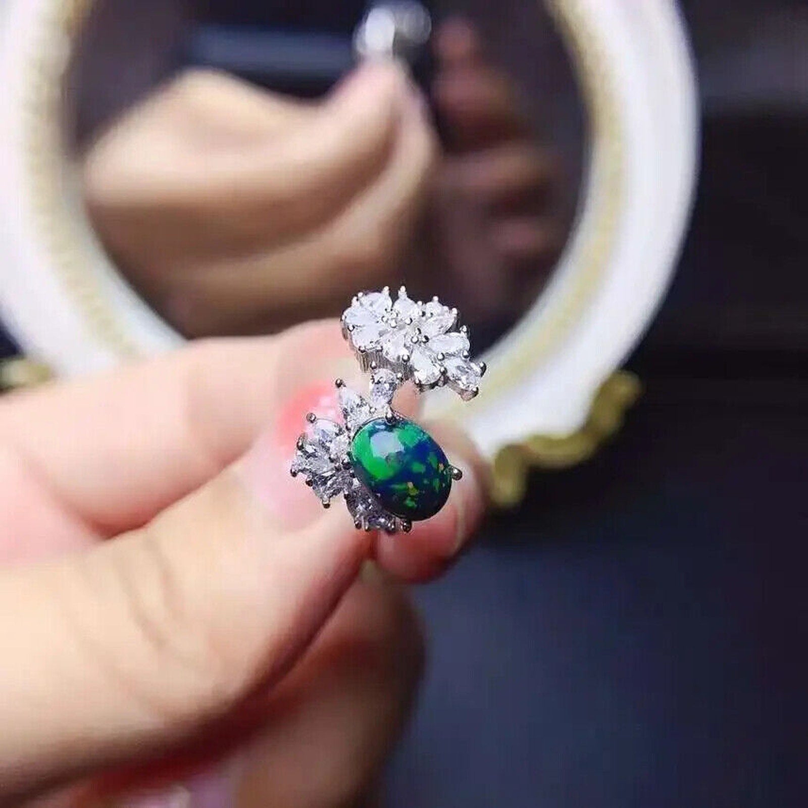 Black Fire Opal and Crystal Cocktail Ring, Natural Fire Opal Cluster Ring