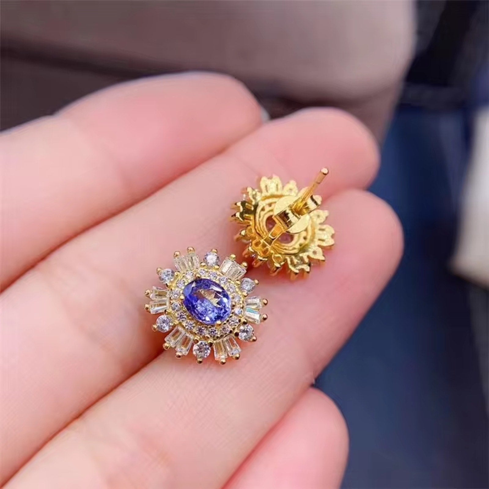 Purple Tanzanite Earrings, Tanzanite Cluster Stud Earrings Sterling Silver