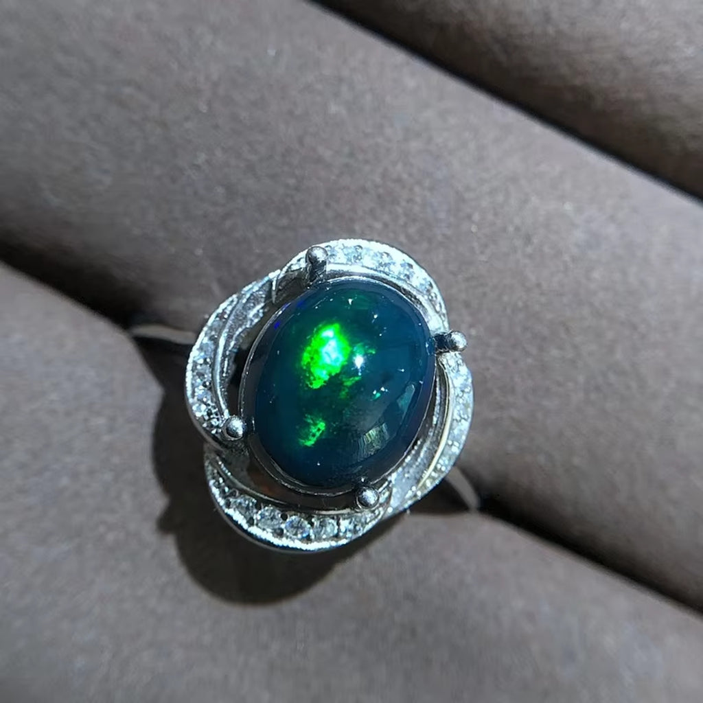 Black Fire Opal Ring, Australian Fire Opal Statement Ring Sterling Silver 8x10mm