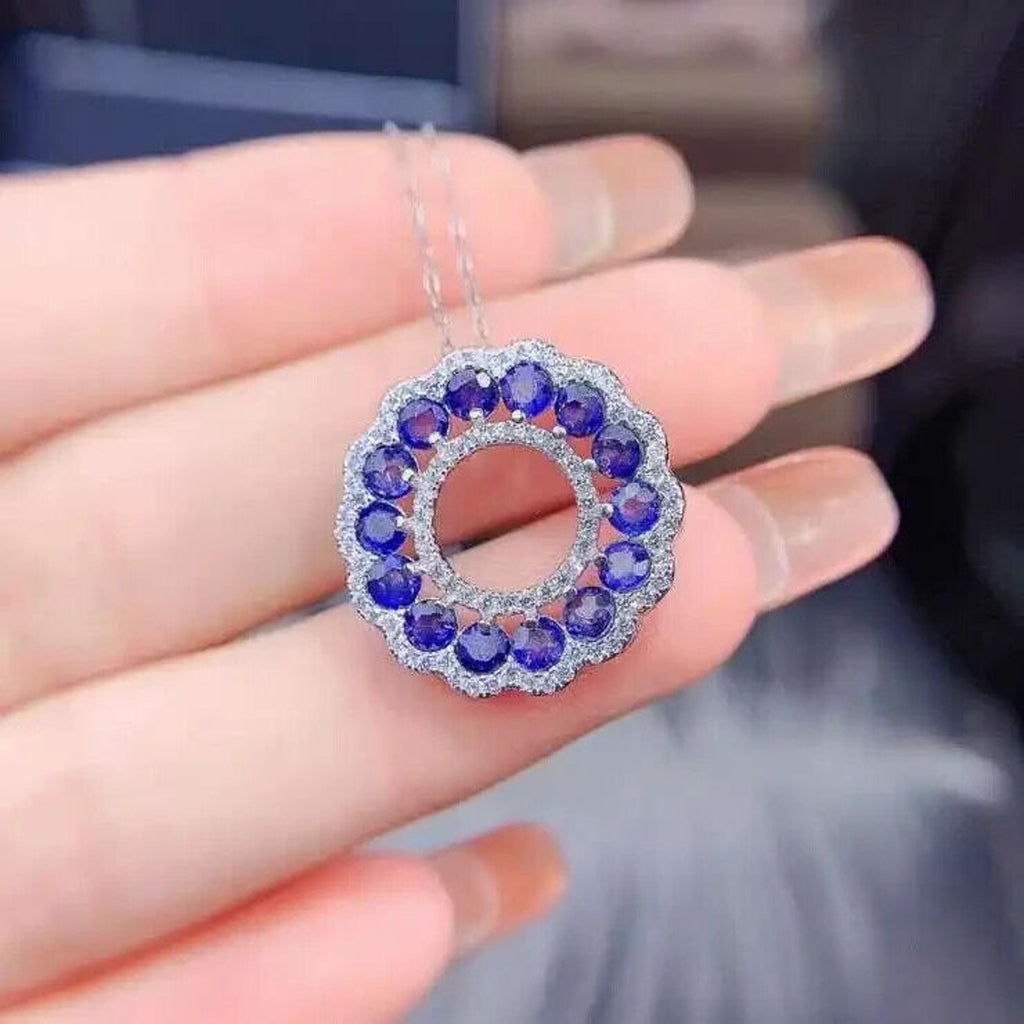 Sri Lanka Sapphire Circle Necklace, Women's Natural Blue Sapphire Necklace