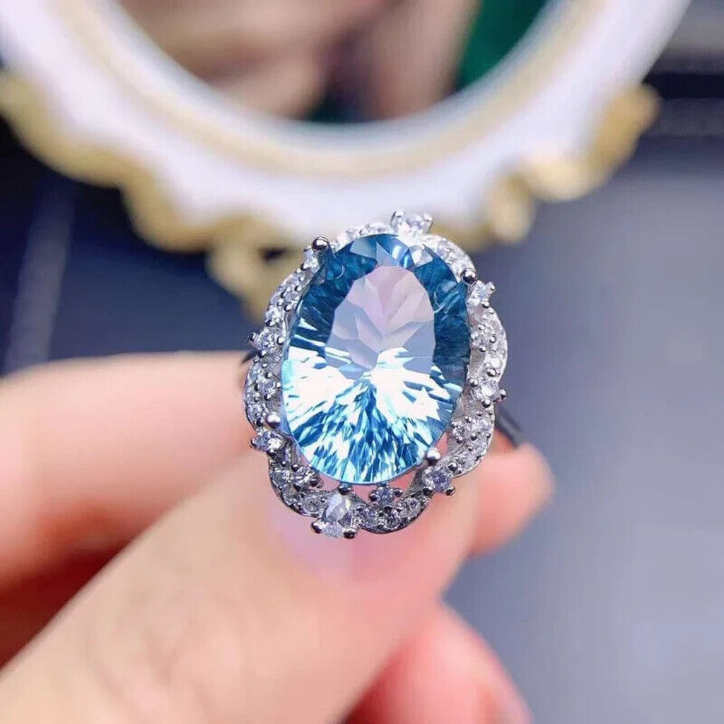 Natural Blue Topaz Gemstone Ring 10x14mm, Large Blue Topaz Cocktail Ring