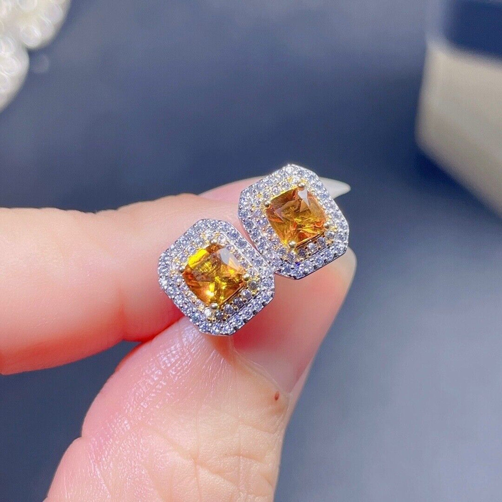 4x4mm Square Cut Natural Citrine Gemstone Earrings, Genuine Citrine Earrings
