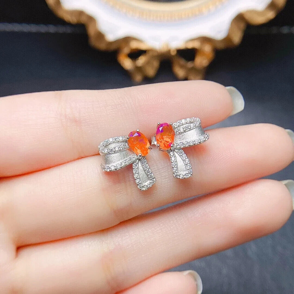 Orange Fire Opal Bow Tie Earrings, Natural Orange Opal Stud Earrings 4x6mm