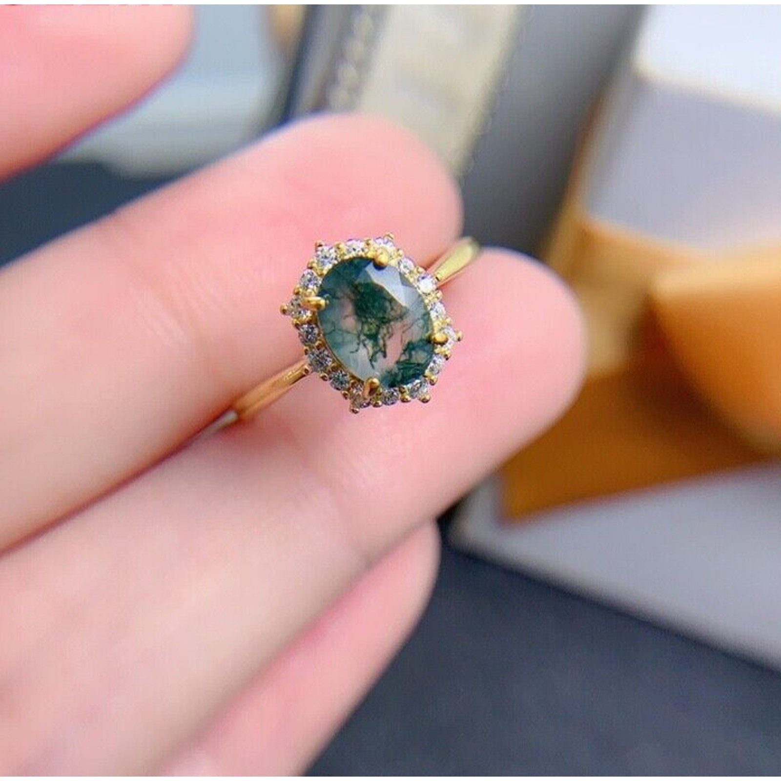 Moss Agate Gemstone Ring 6x8mm 925 Sterling Silver