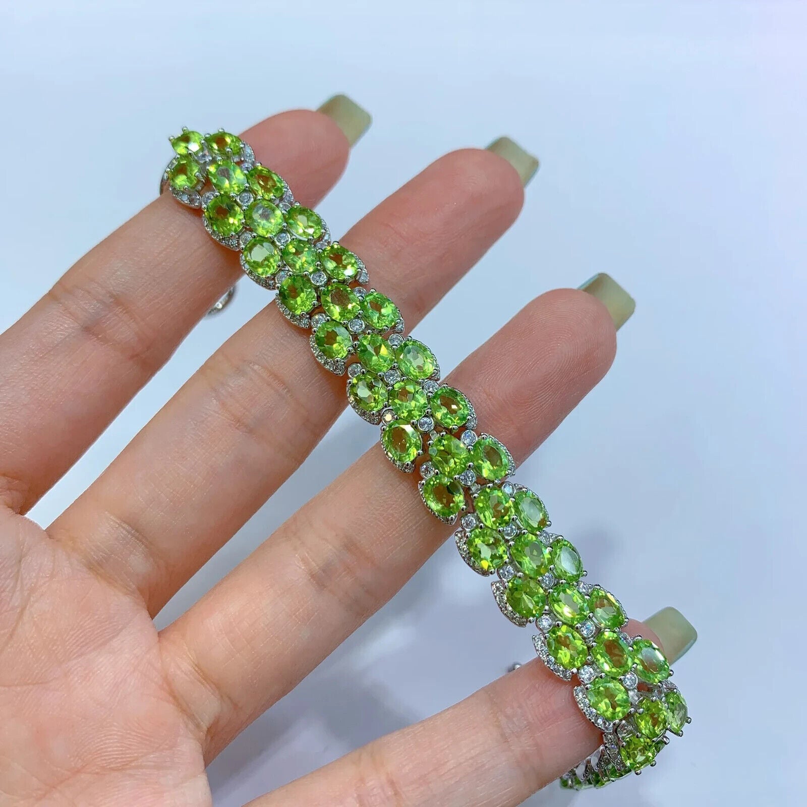 Natural Peridot 3 Layer Tennis Bracelet, August Birthstone Peridot Bracelet CZ
