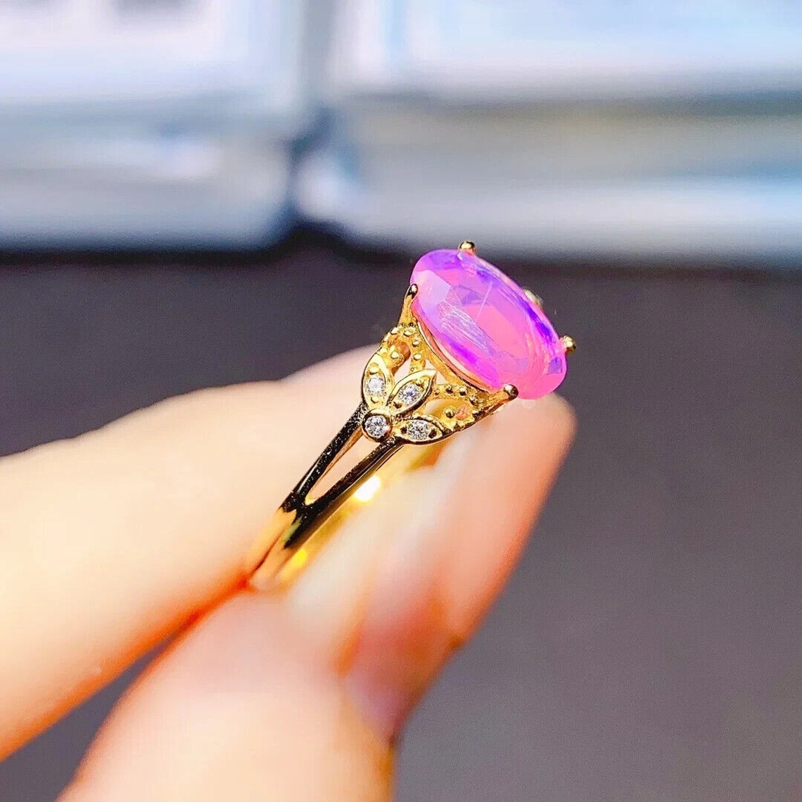 Pink Fire Opal Cluster Ring 5x8mm, Sterling Silver Natural Pink Fire Opal Ring