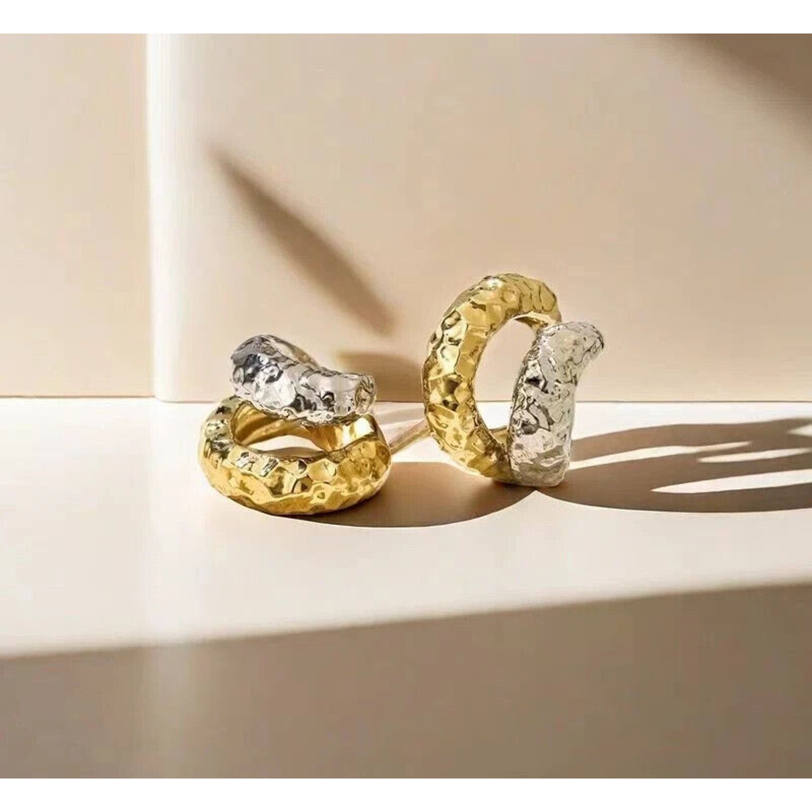 18k Yellow and White Gold Textured Cuff Earrings, Solid Gold Hoop Stud Earrings