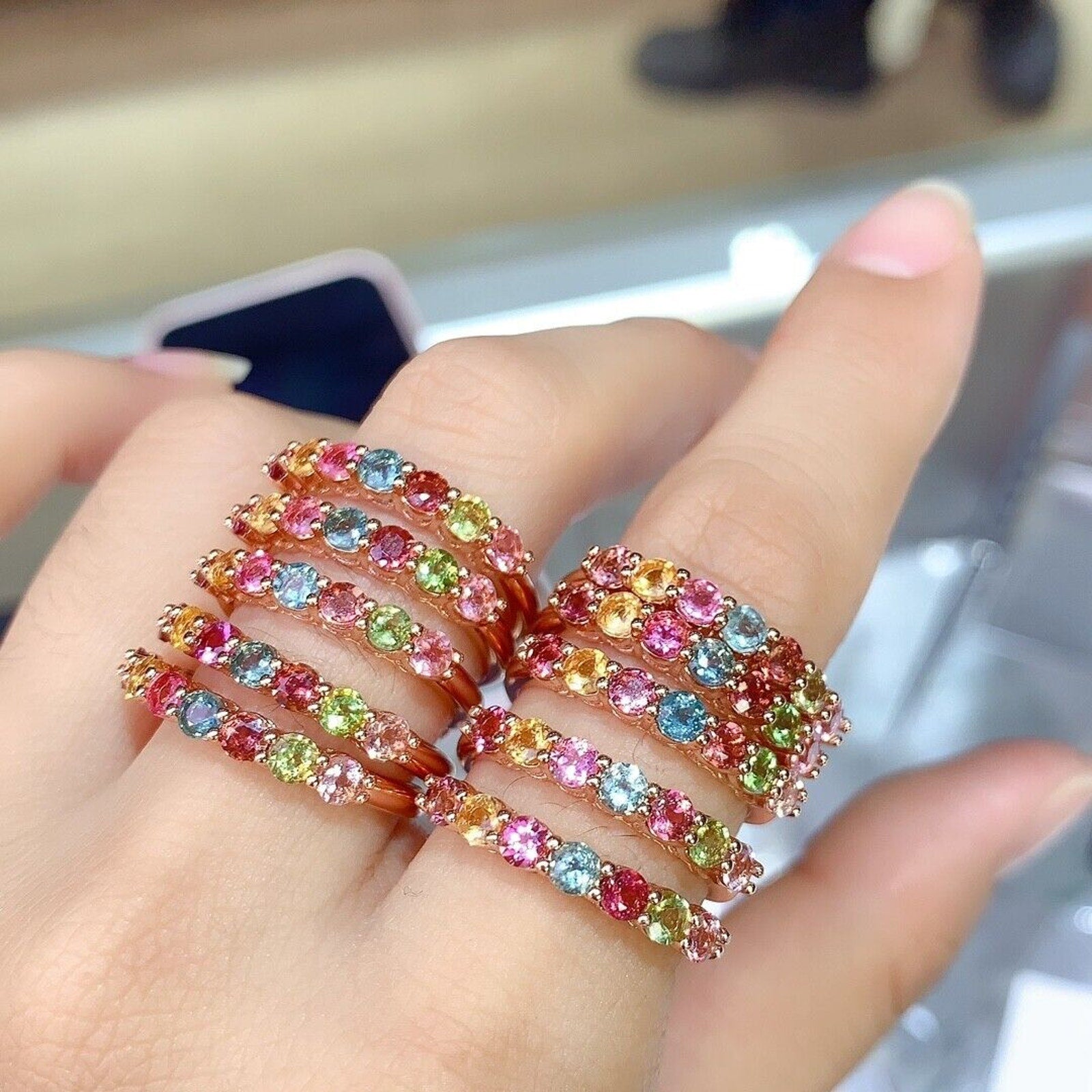 Natural Tourmaline Gemstone Band Ring, Women's Multicolor Tourmaline Band Ring