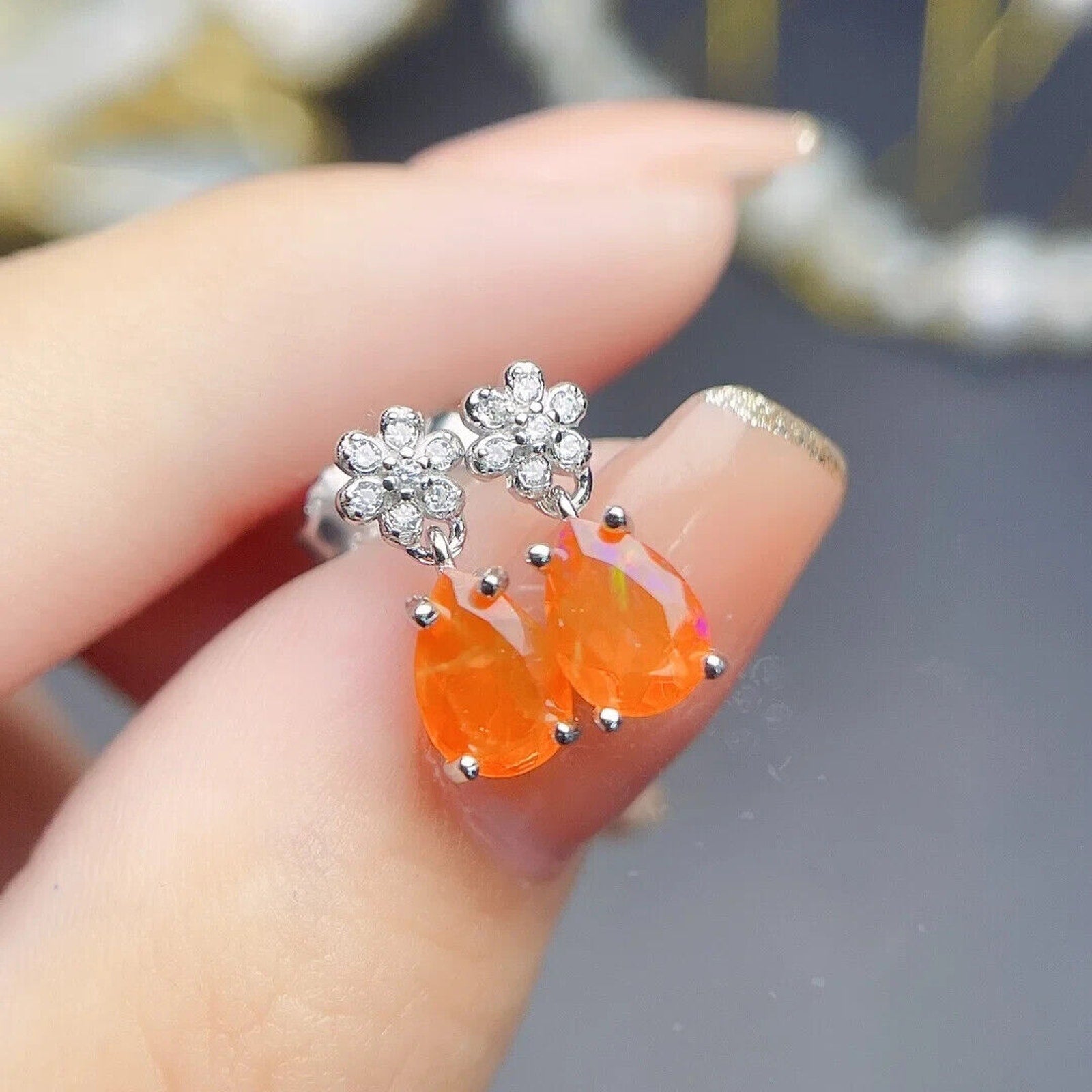 Orange Fire Opal Dangle Earrings, Colorful Orange Opal Dangle Earrings 5x7mm