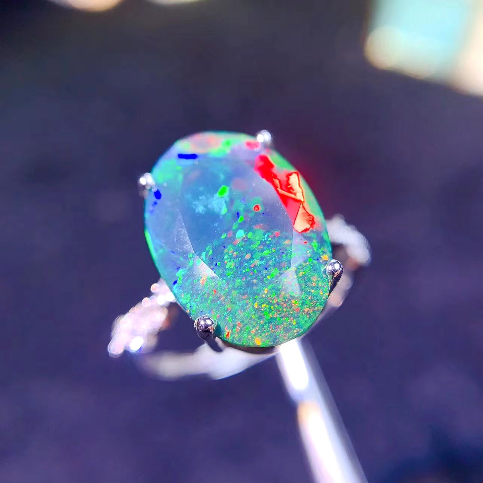 Black Opal Statement Ring, Australian Fire Opal Ring Sterling Silver 10.5x15mm