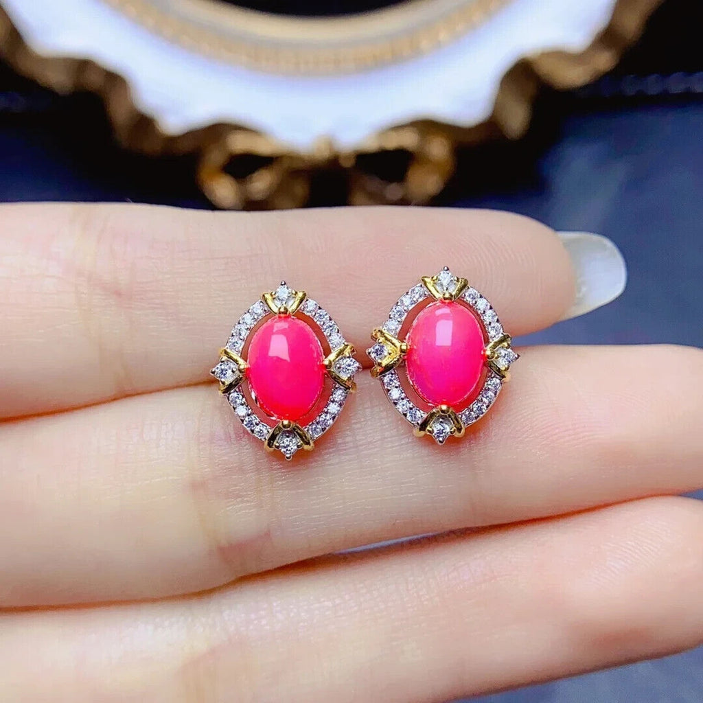 Pink Fire Opal Stud Earrings 6x8mm, Natural Pink Opal Earrings Sterling Silver
