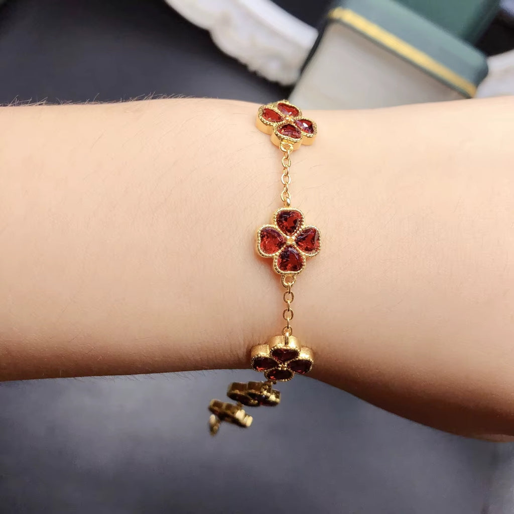 Red Garnet Clover Bracelet, Natural Garnet Gemstone Bracelet 4mm 925 Sterling