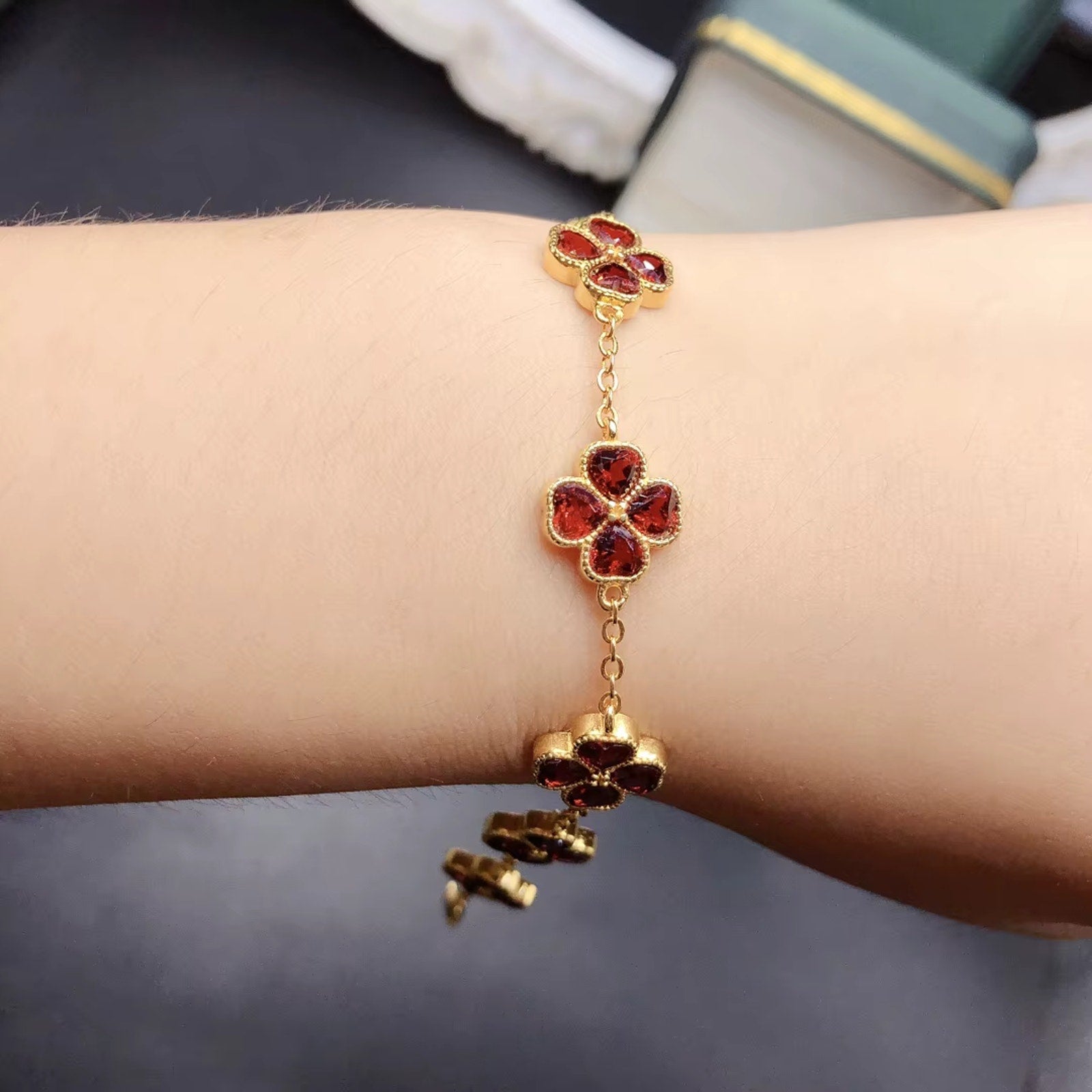 Red Garnet Clover Bracelet, Natural Garnet Gemstone Bracelet 4mm 925 Sterling