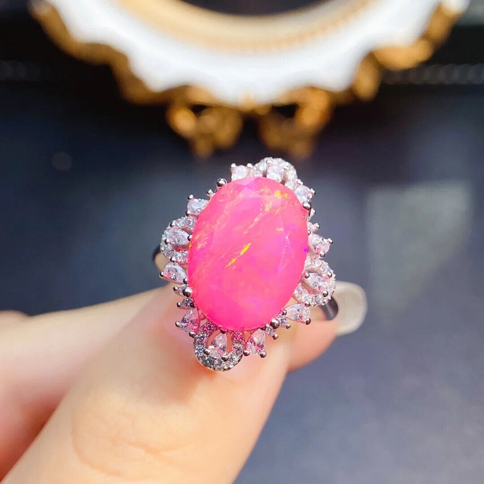 Pink Fire Opal Large Statement Ring 11x15mm, Natural Pink Fire Opal Ring