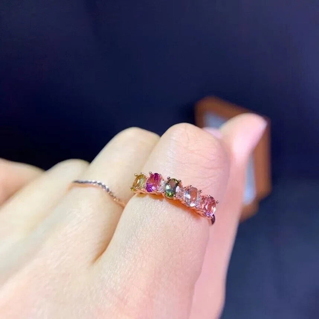 Dainty Tourmaline Gemstone Band Ring, Natural Multicolor Tourmaline Band Ring