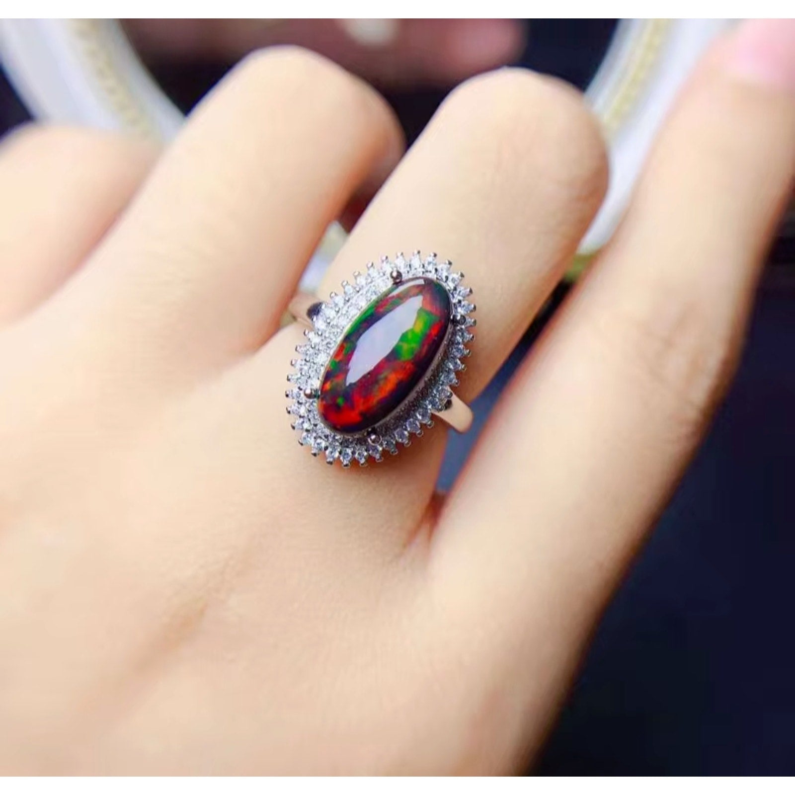 Colorful Fire Opal Statement Ring, Black Fire Opal Ring 7x14mm Sterling Silver