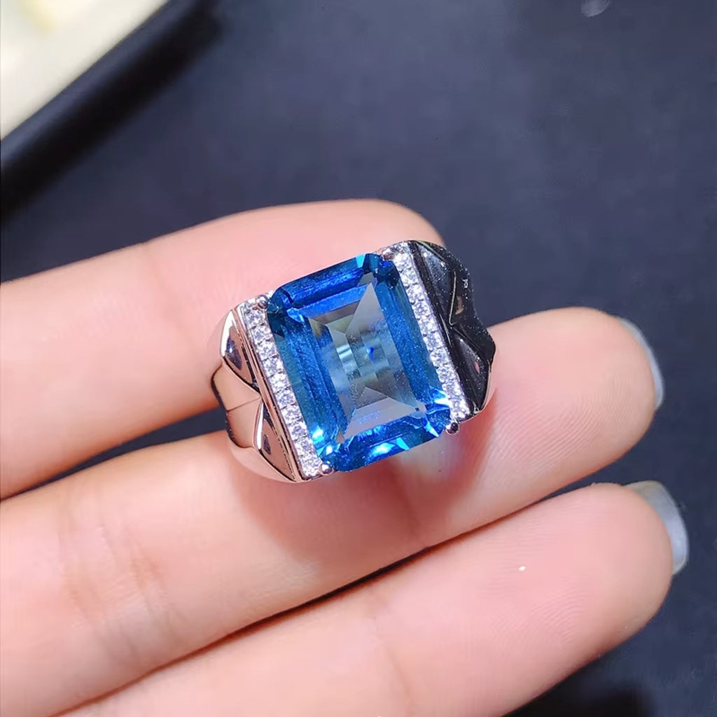Mens Emerald Cut Blue Topaz Ring 925 Sterling Silver VVS Grade 10x14mm