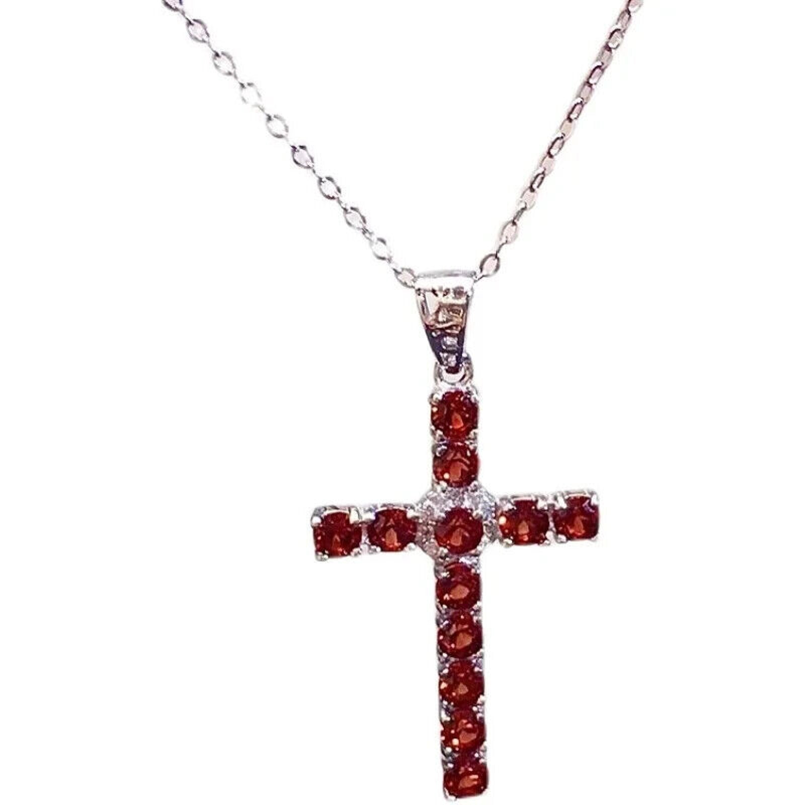Natural Garnet Cross Necklace, Gemstone Cross Necklace 925 Sterling Silver