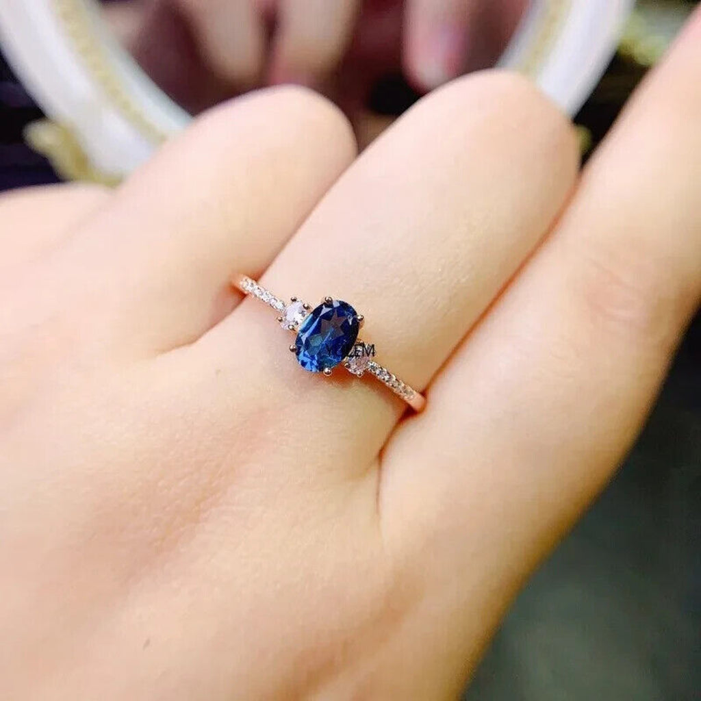 London Blue Topaz Gemstone Ring 5x7mm Platinum Plated Sterling Silver