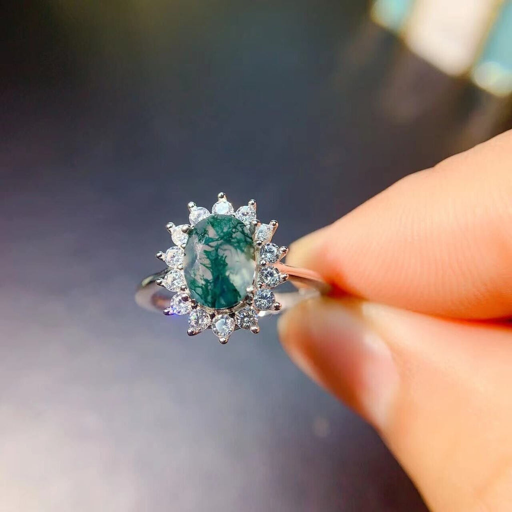 6x8mm Moss Agate Cocktail Ring 925 Sterling Silver
