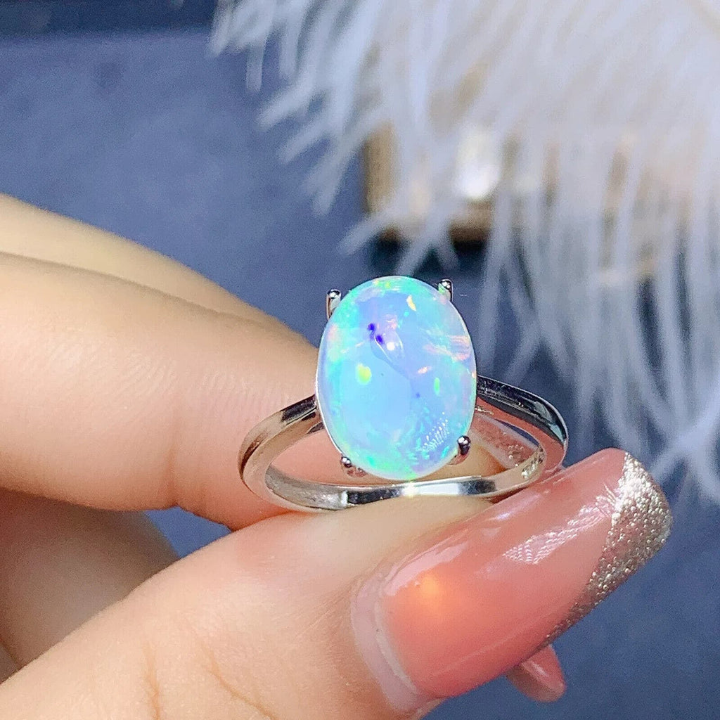 Solitaire Fire Opal Gemstone Ring 8x10mm Sterling Silver