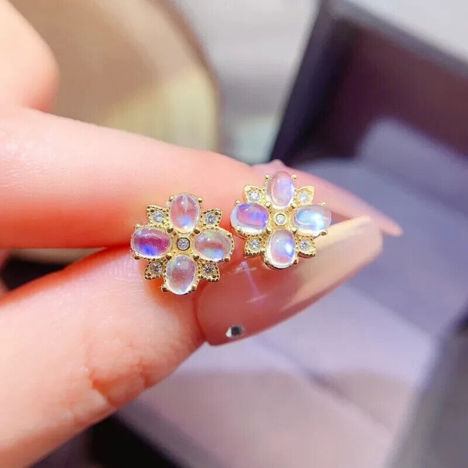 Natural Moonstone Cluster Stud Earrings 3x4mm, Moonstone Earrings 925 Sterling