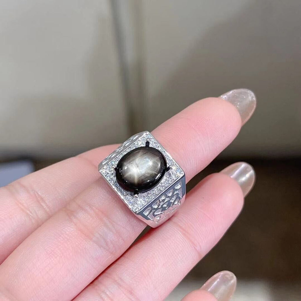 Men's Gray Star Sapphire Big Ring, 10x12mm Men's Star Sapphire Ring Platinum