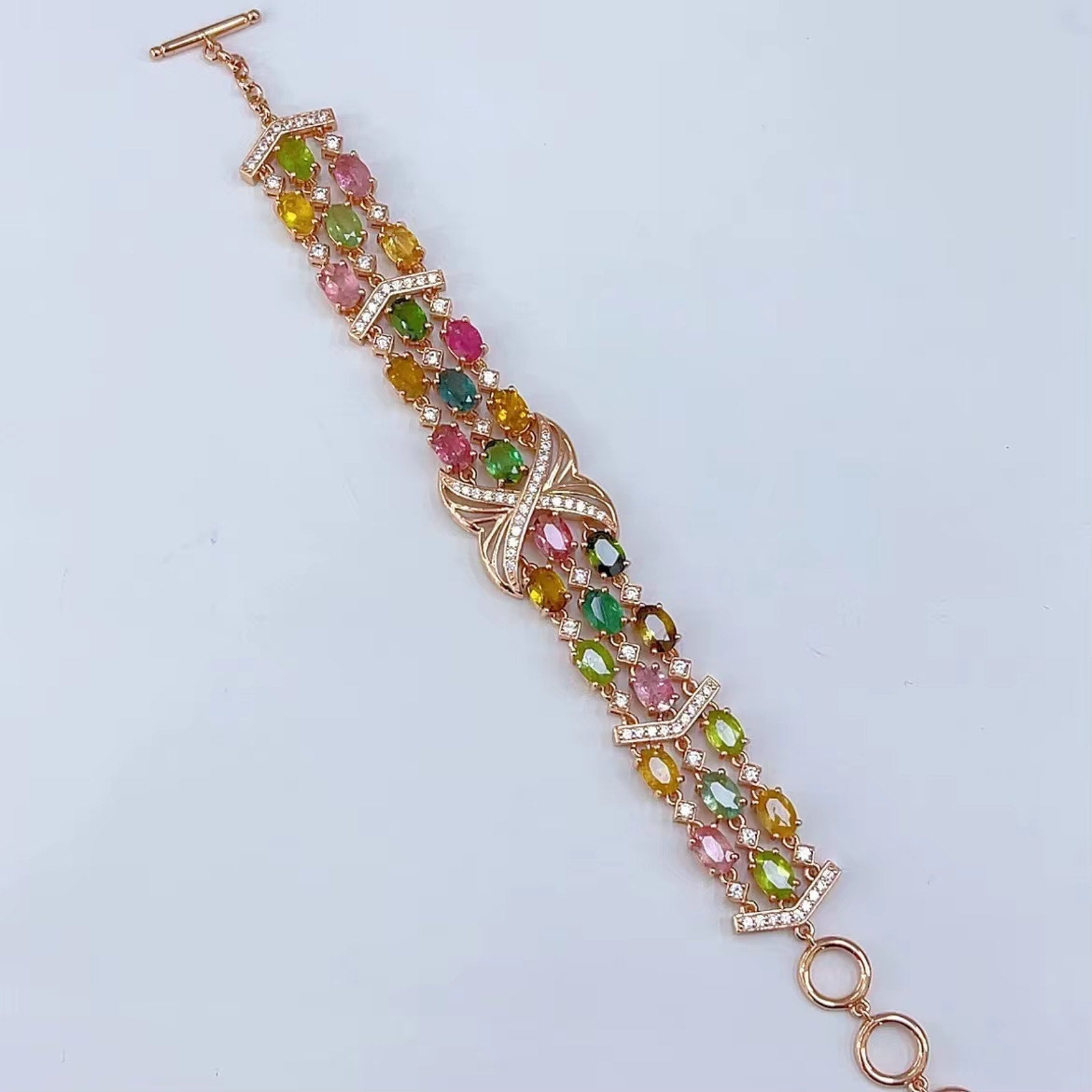 Multicolor Tourmaline Rose Gold Bracelet, Brazilian Tourmaline Tennis Bracelet