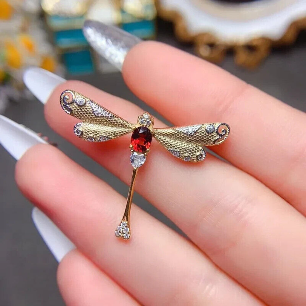 Women's Natural Garnet Dragonfly Brooch Pin, Red Garnet Brooch Pin