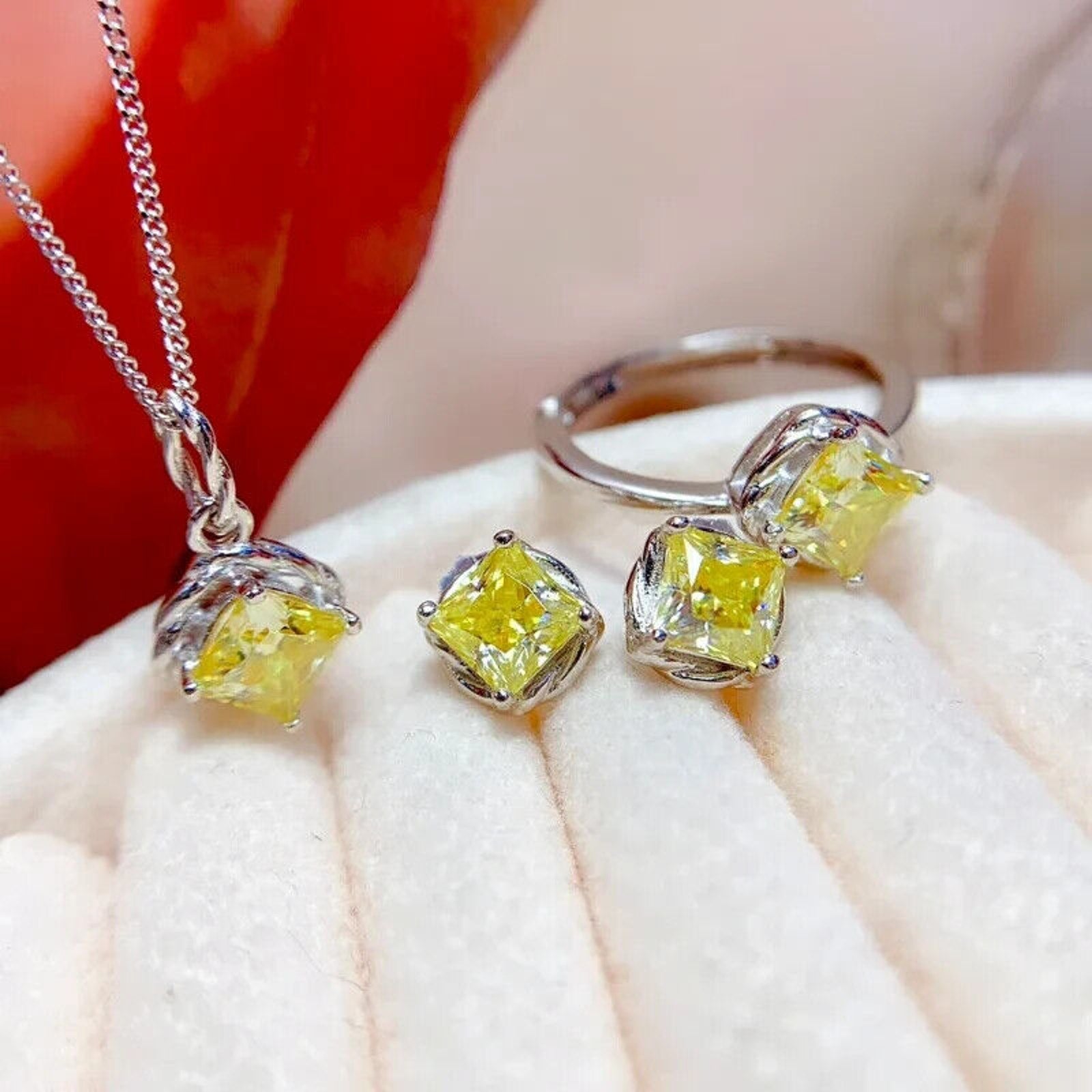 1 CT Yellow Moissanite Jewelry Set, Women's Light Yellow Moissanite Jewelry