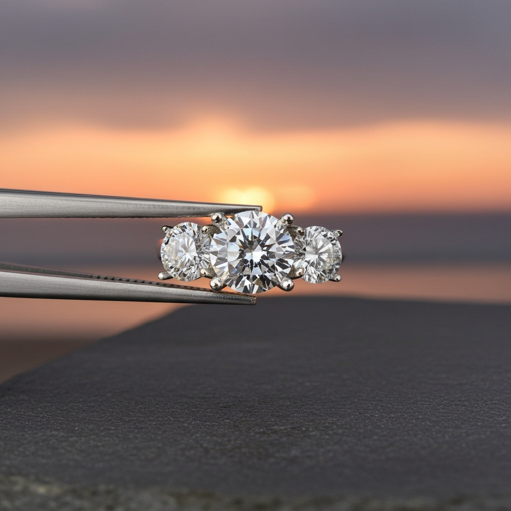 2 Carat Three Stone White Moissanite Ring – 1 Carat Center VVS1 Sterling Silver Engagement Ring