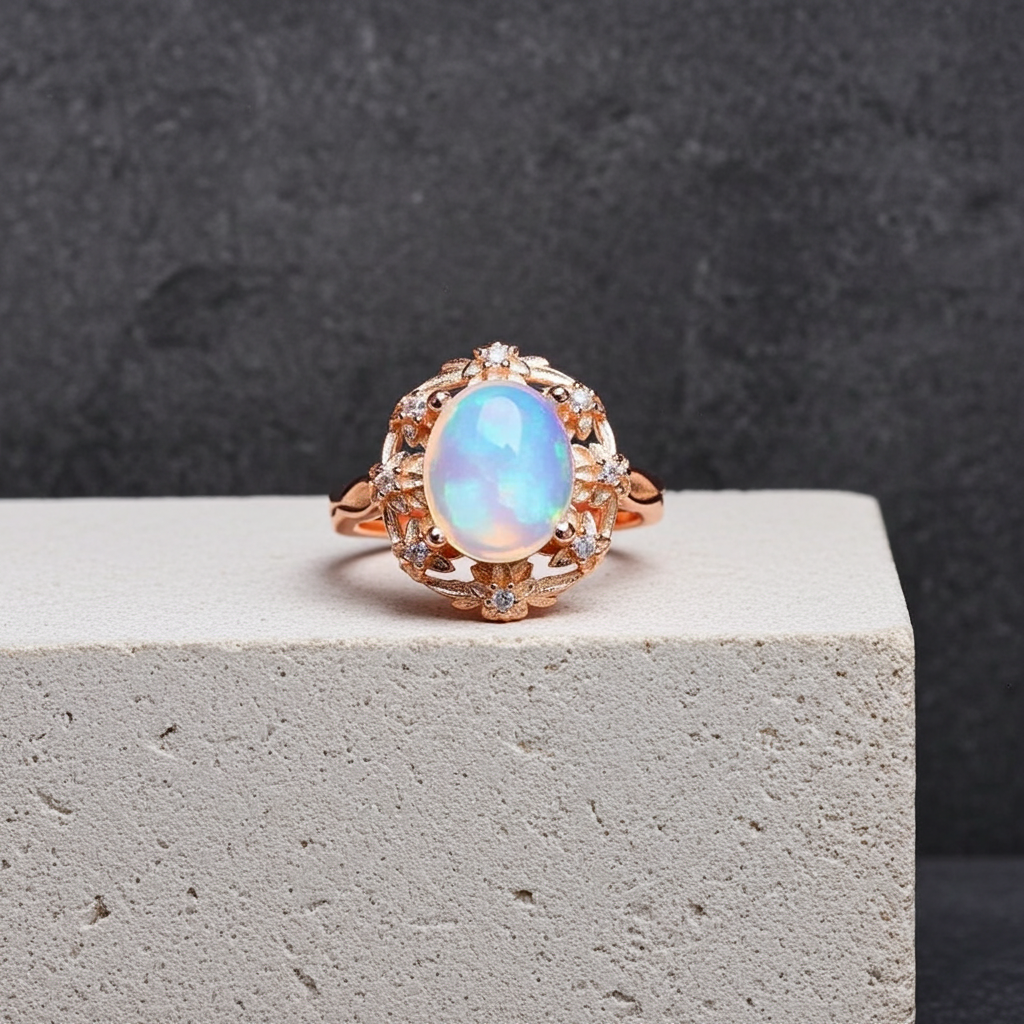 Fire Opal Statement Ring 8x10mm 1.7CT, Natural Fire Opal Ring