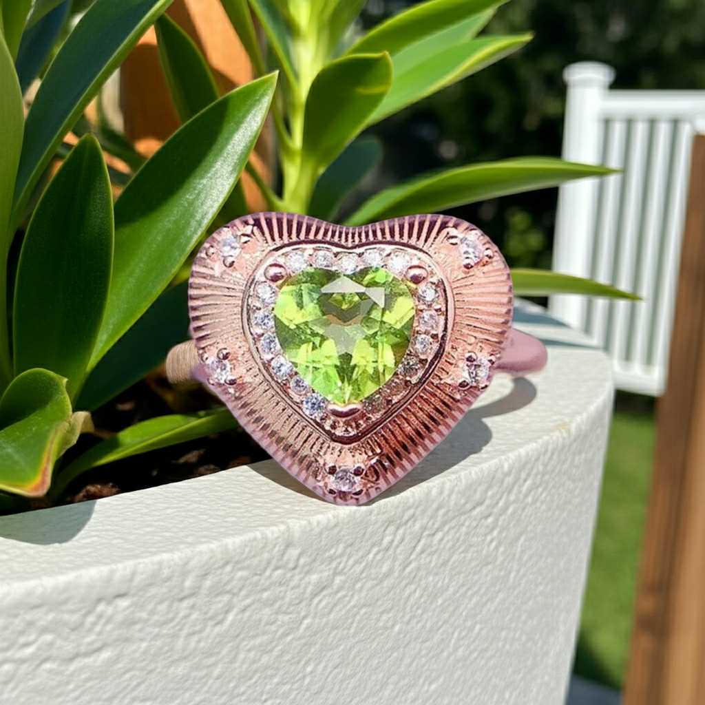 Natural Peridot Gemstone Heart Statement Ring 6mm, August Birthstone Peridot