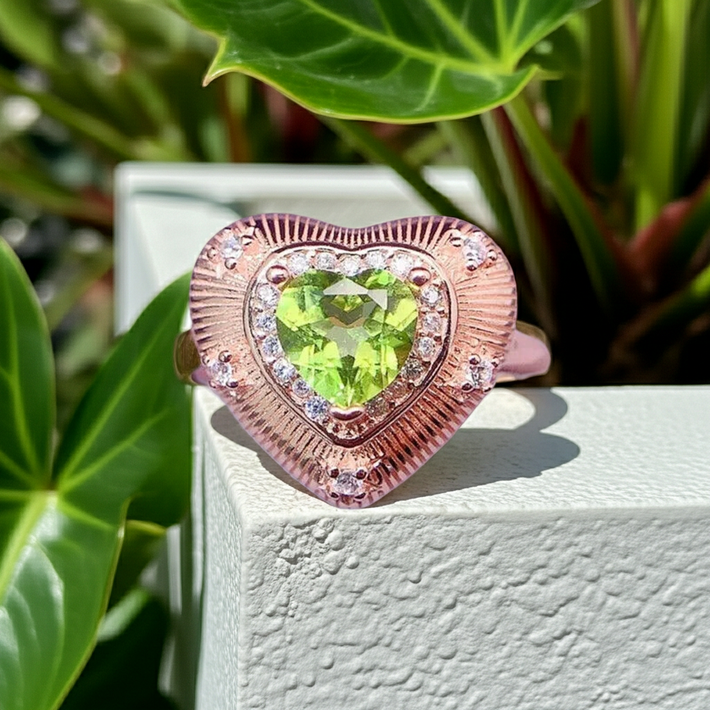 Natural Peridot Gemstone Heart Statement Ring 6mm, August Birthstone Peridot