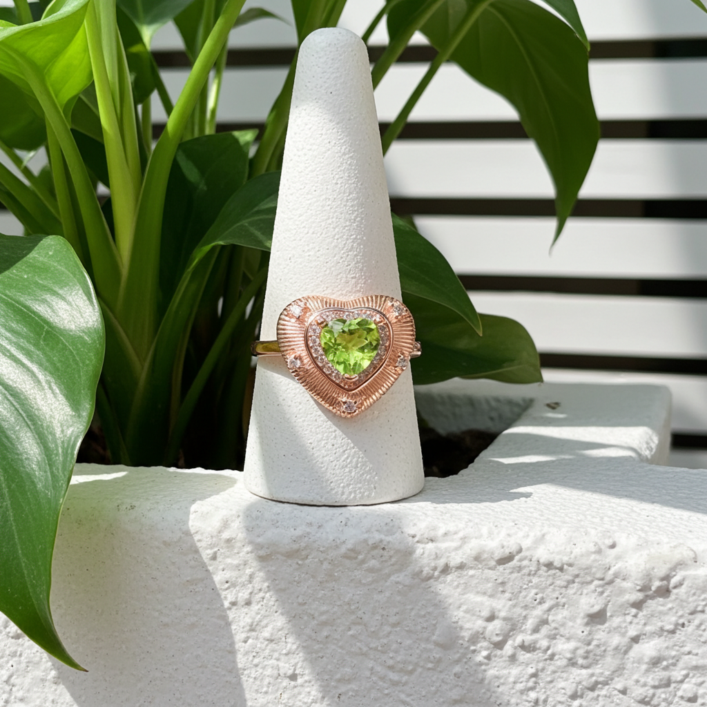 Natural Peridot Gemstone Heart Statement Ring 6mm, August Birthstone Peridot